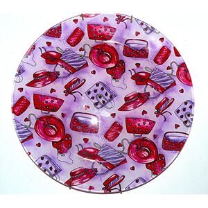 Vintage Red Hat Society Glass Plate Red Hats & Purses 10" Diameter Plate holder